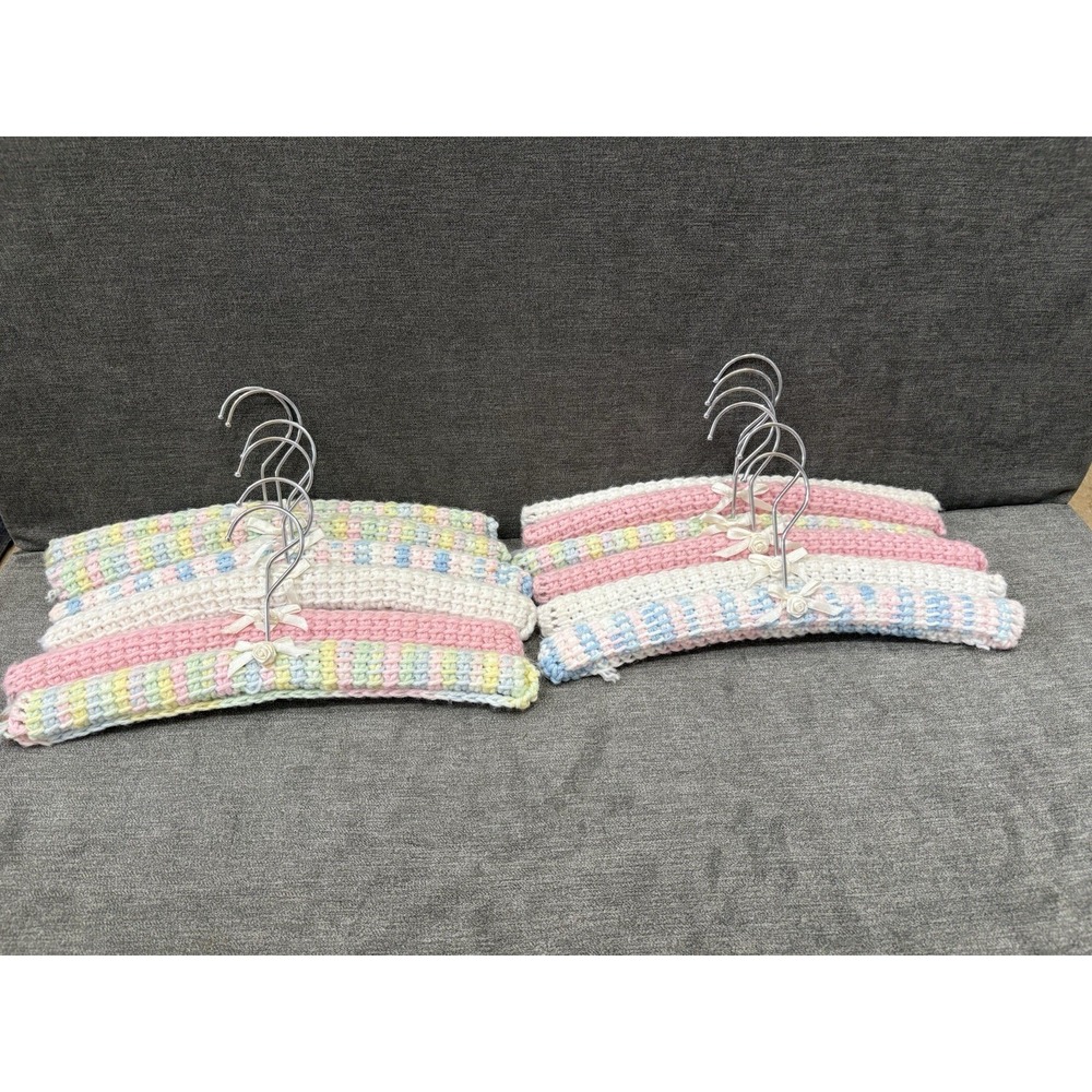 Colorful Baby Vintage 12 Handmade Crochet Yarn Covered Wooden Hangers Metal Hook